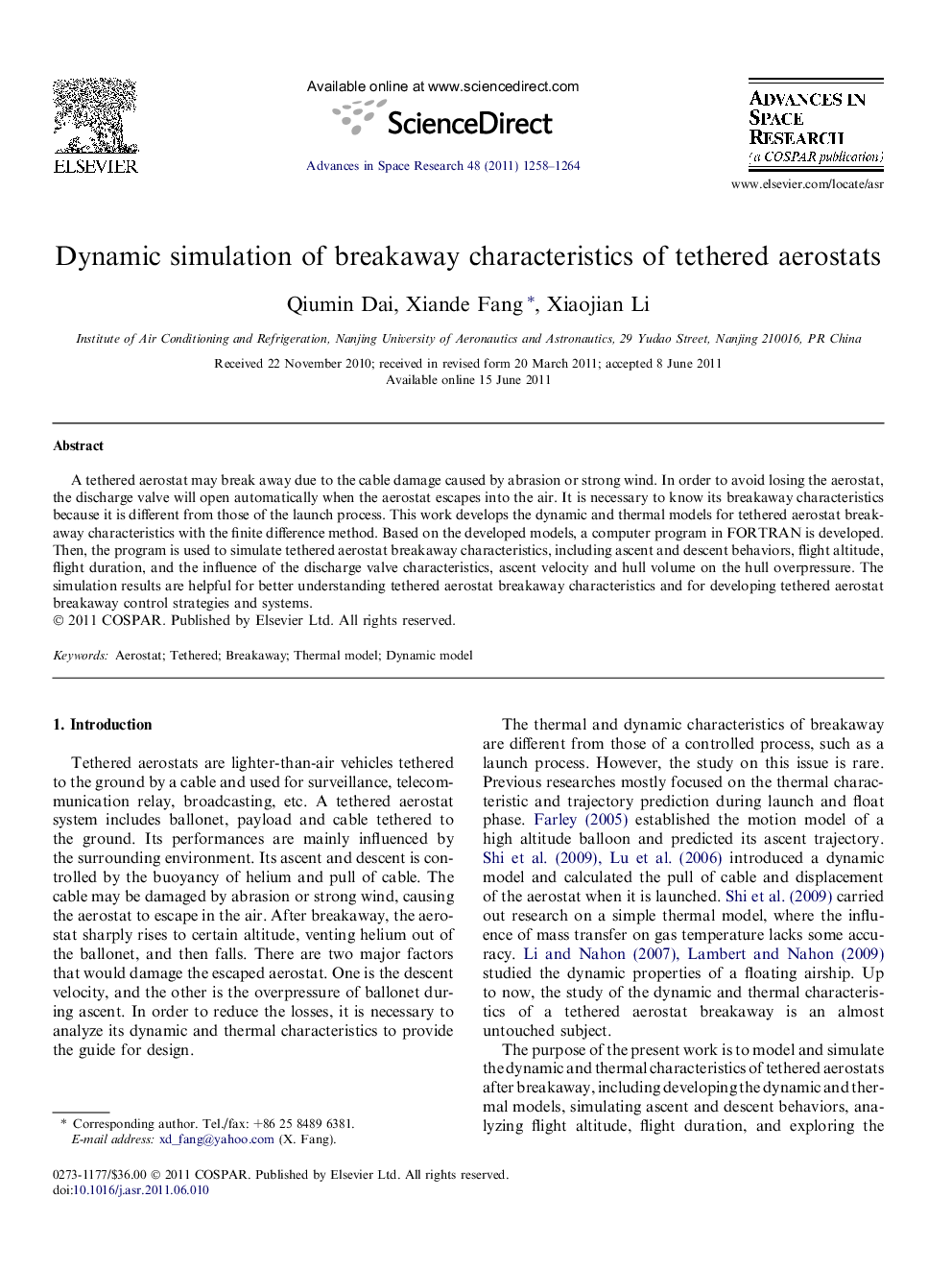 Dynamic simulation of breakaway characteristics of tethered aerostats