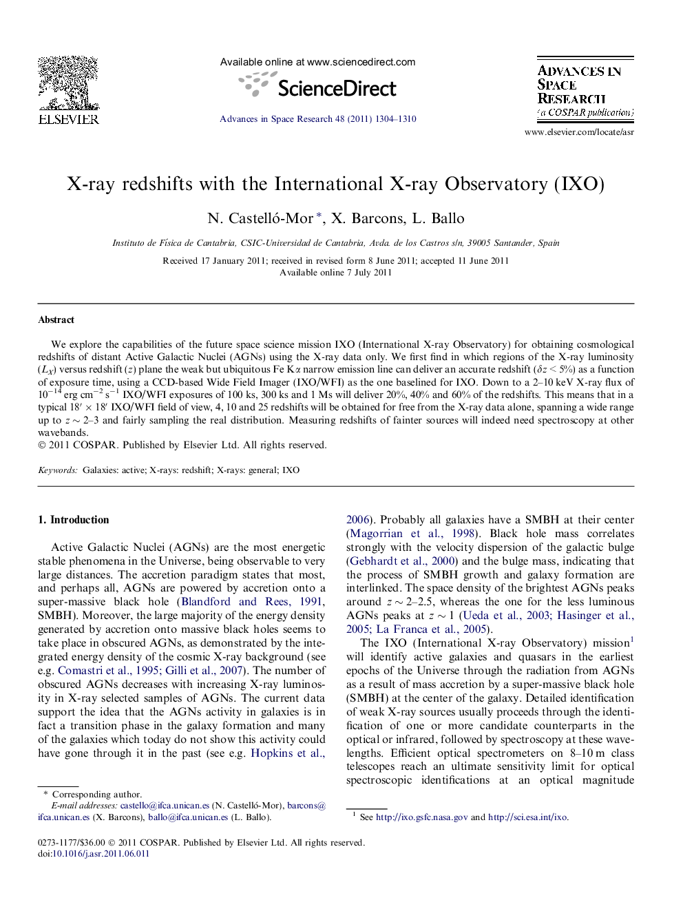 X-ray redshifts with the International X-ray Observatory (IXO)