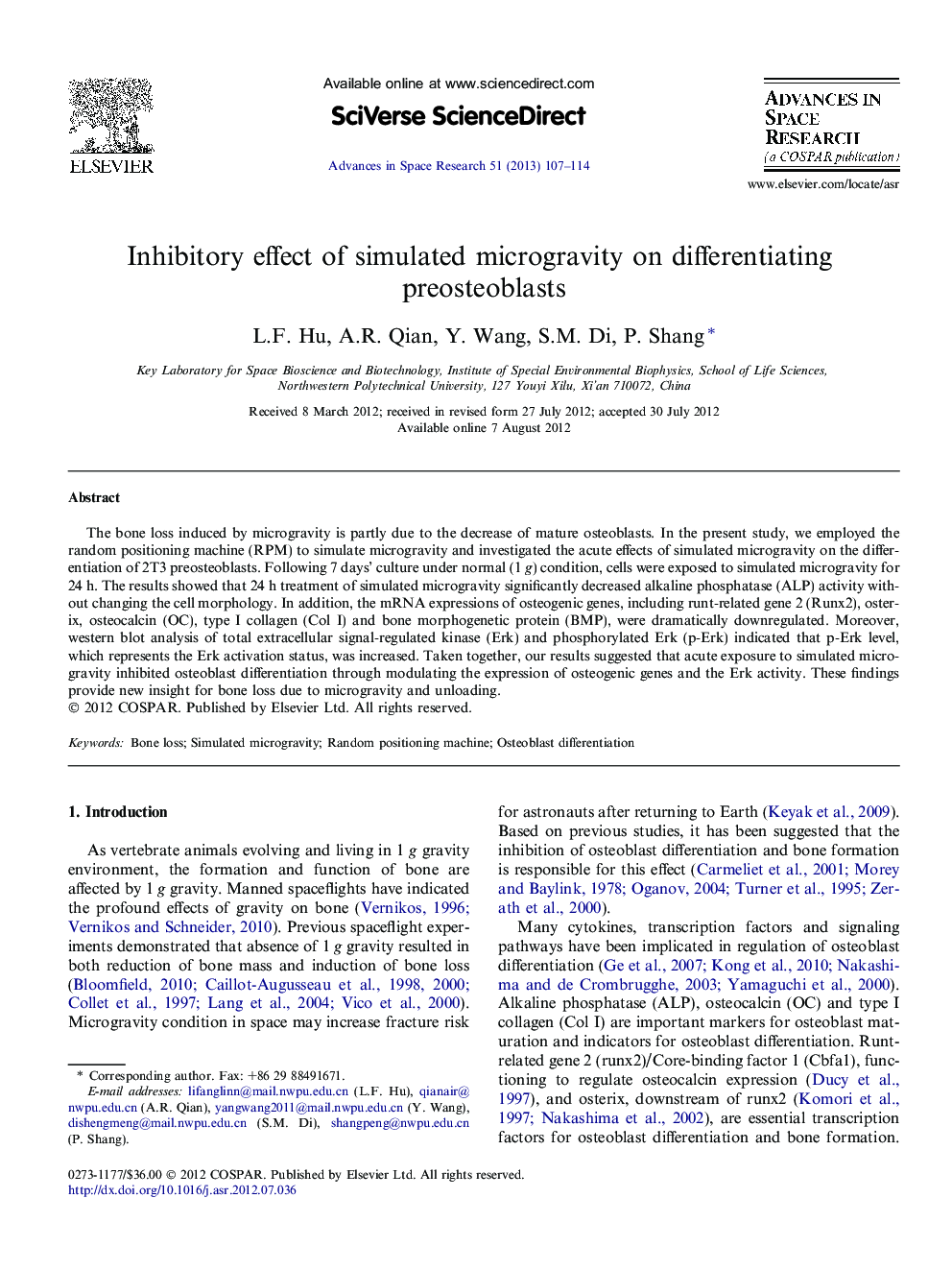 Inhibitory effect of simulated microgravity on differentiating preosteoblasts