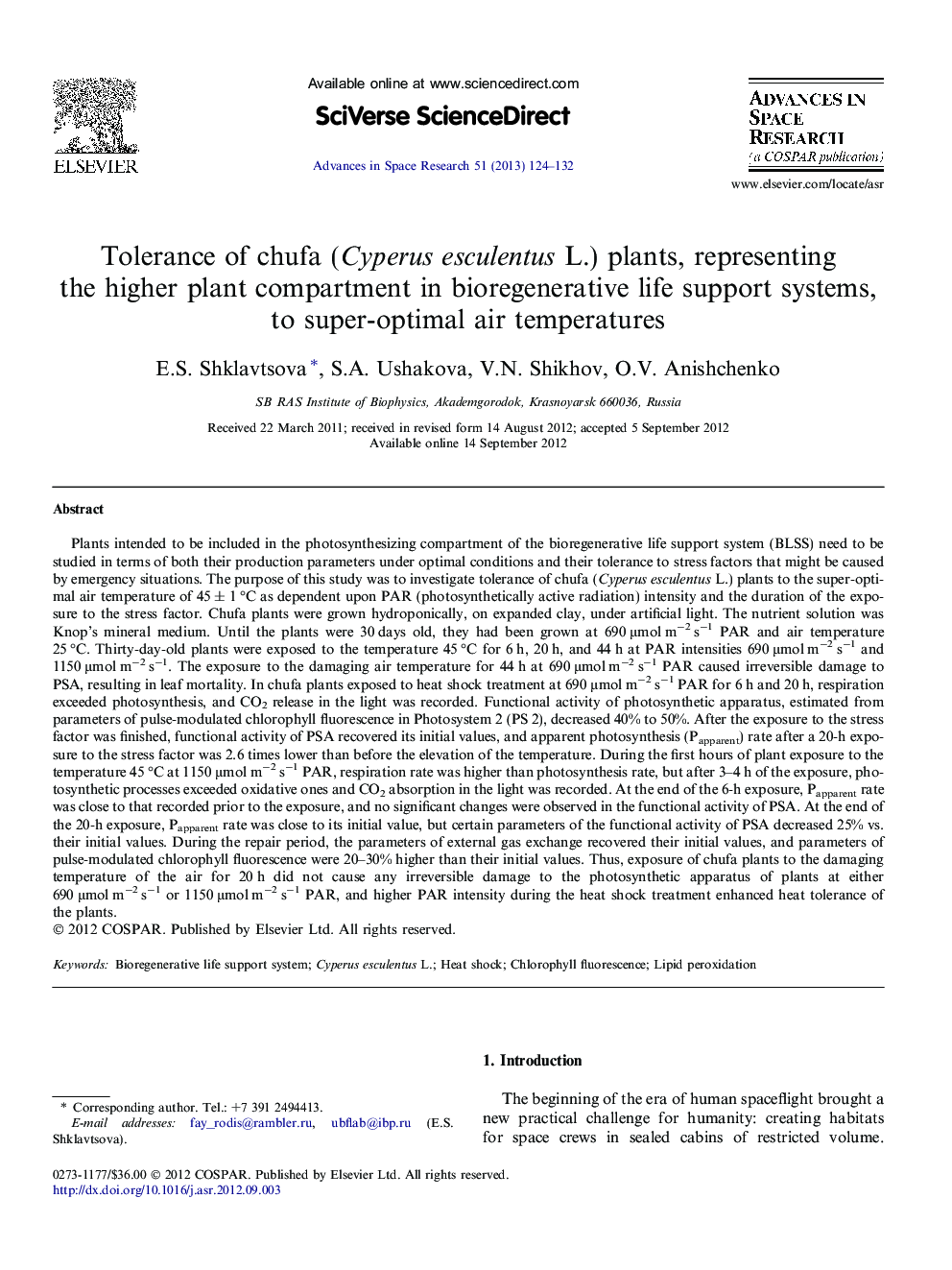 Tolerance of chufa (Cyperus esculentus L.) plants, representing the higher plant compartment in bioregenerative life support systems, to super-optimal air temperatures