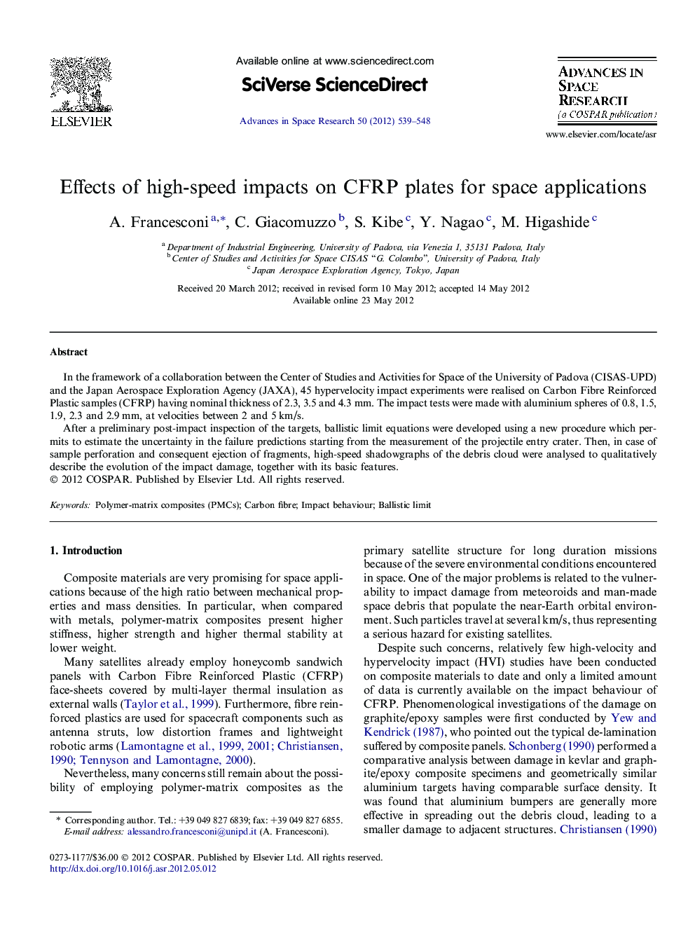 Effects of high-speed impacts on CFRP plates for space applications