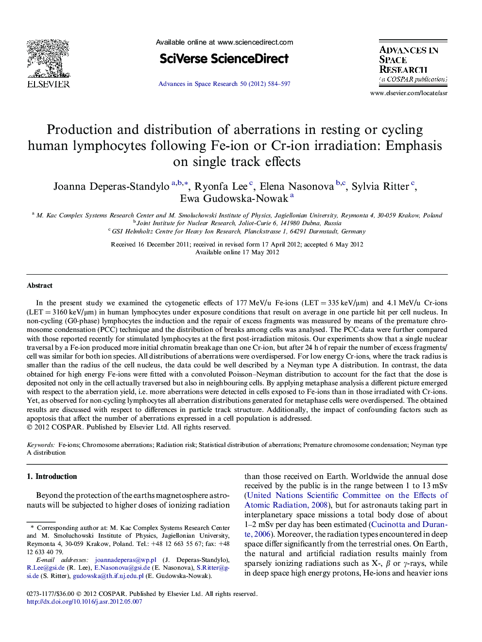 Production and distribution of aberrations in resting or cycling human lymphocytes following Fe-ion or Cr-ion irradiation: Emphasis on single track effects