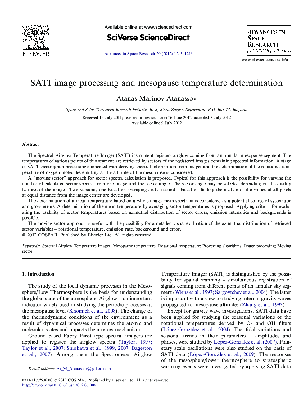 SATI image processing and mesopause temperature determination