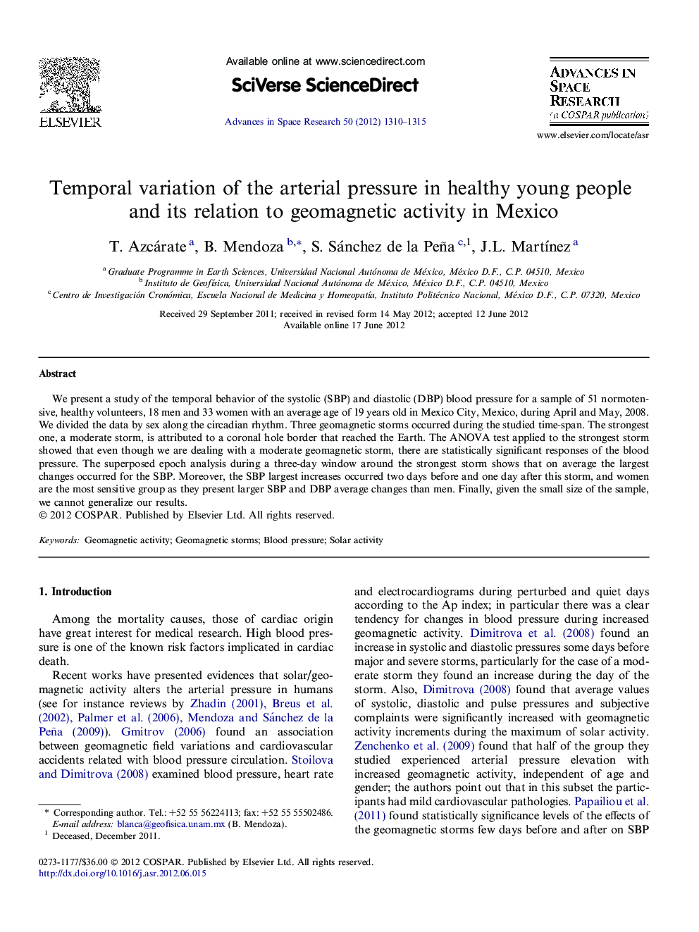 Temporal variation of the arterial pressure in healthy young people and its relation to geomagnetic activity in Mexico