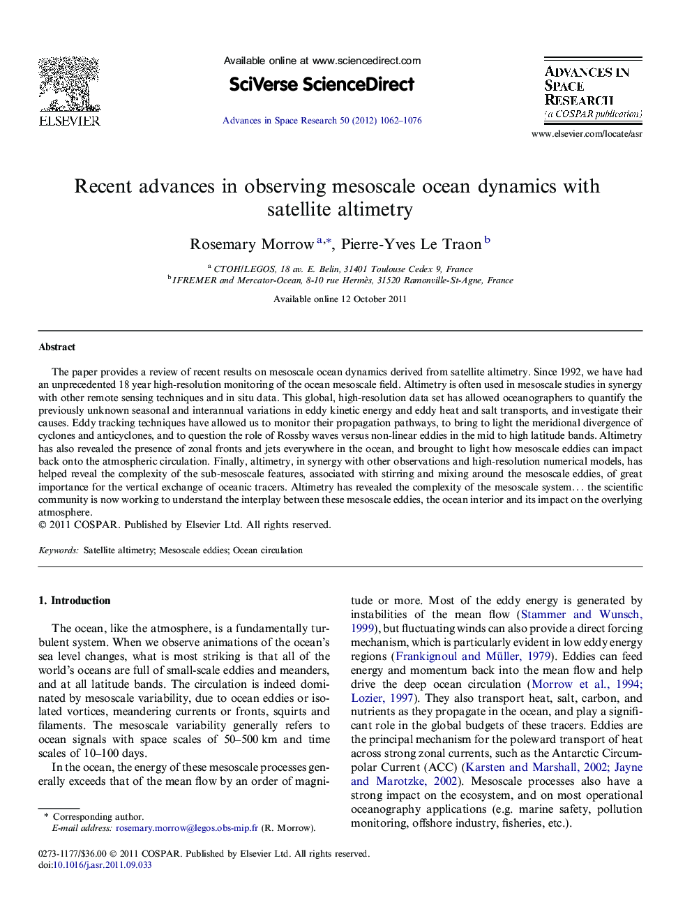 Recent advances in observing mesoscale ocean dynamics with satellite altimetry