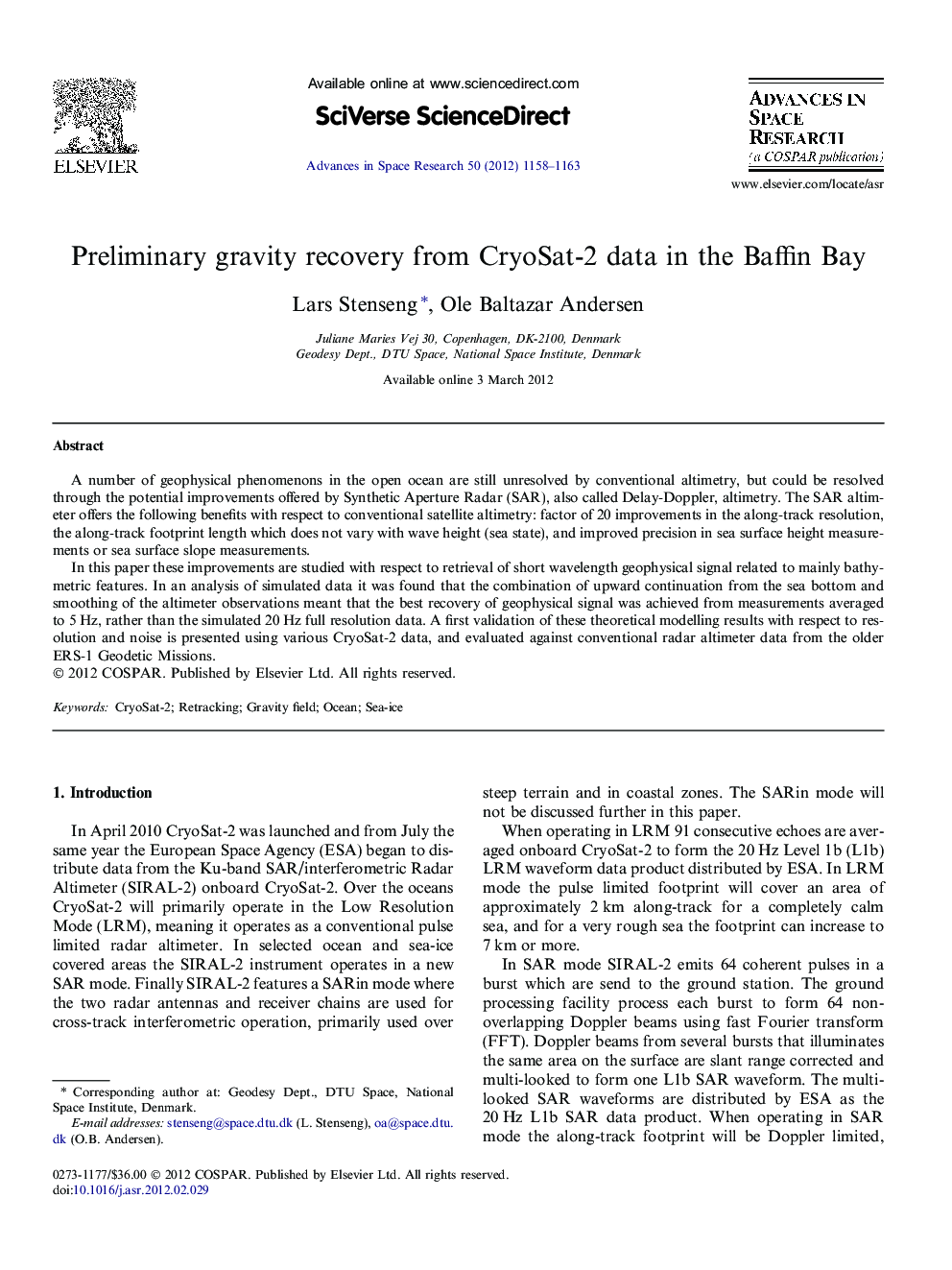 Preliminary gravity recovery from CryoSat-2 data in the Baffin Bay