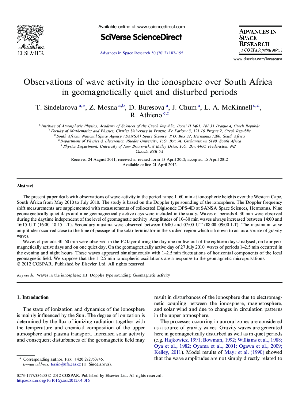 Observations of wave activity in the ionosphere over South Africa in geomagnetically quiet and disturbed periods