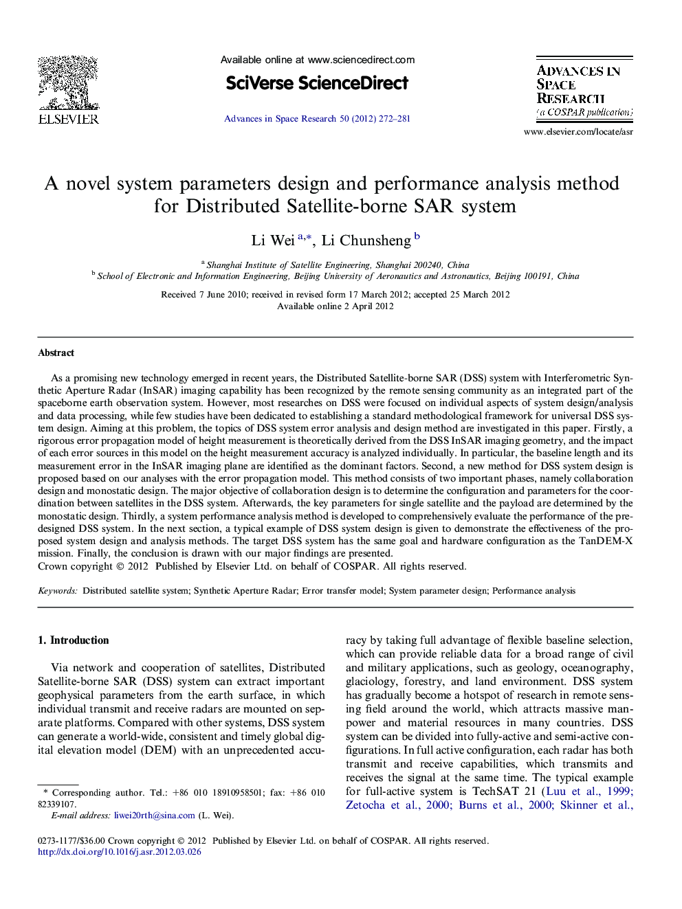 A novel system parameters design and performance analysis method for Distributed Satellite-borne SAR system