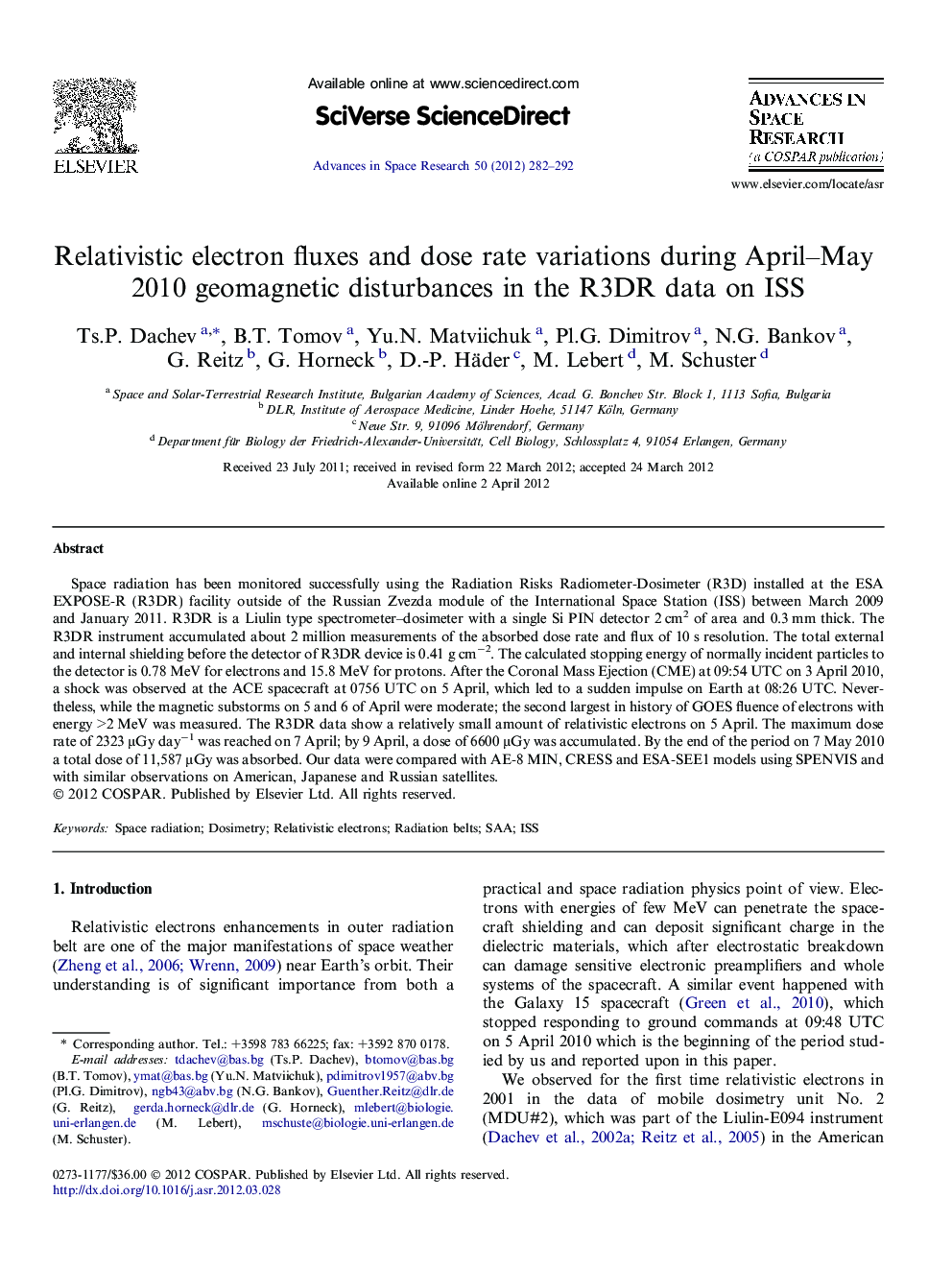 Relativistic electron fluxes and dose rate variations during April-May 2010 geomagnetic disturbances in the R3DR data on ISS