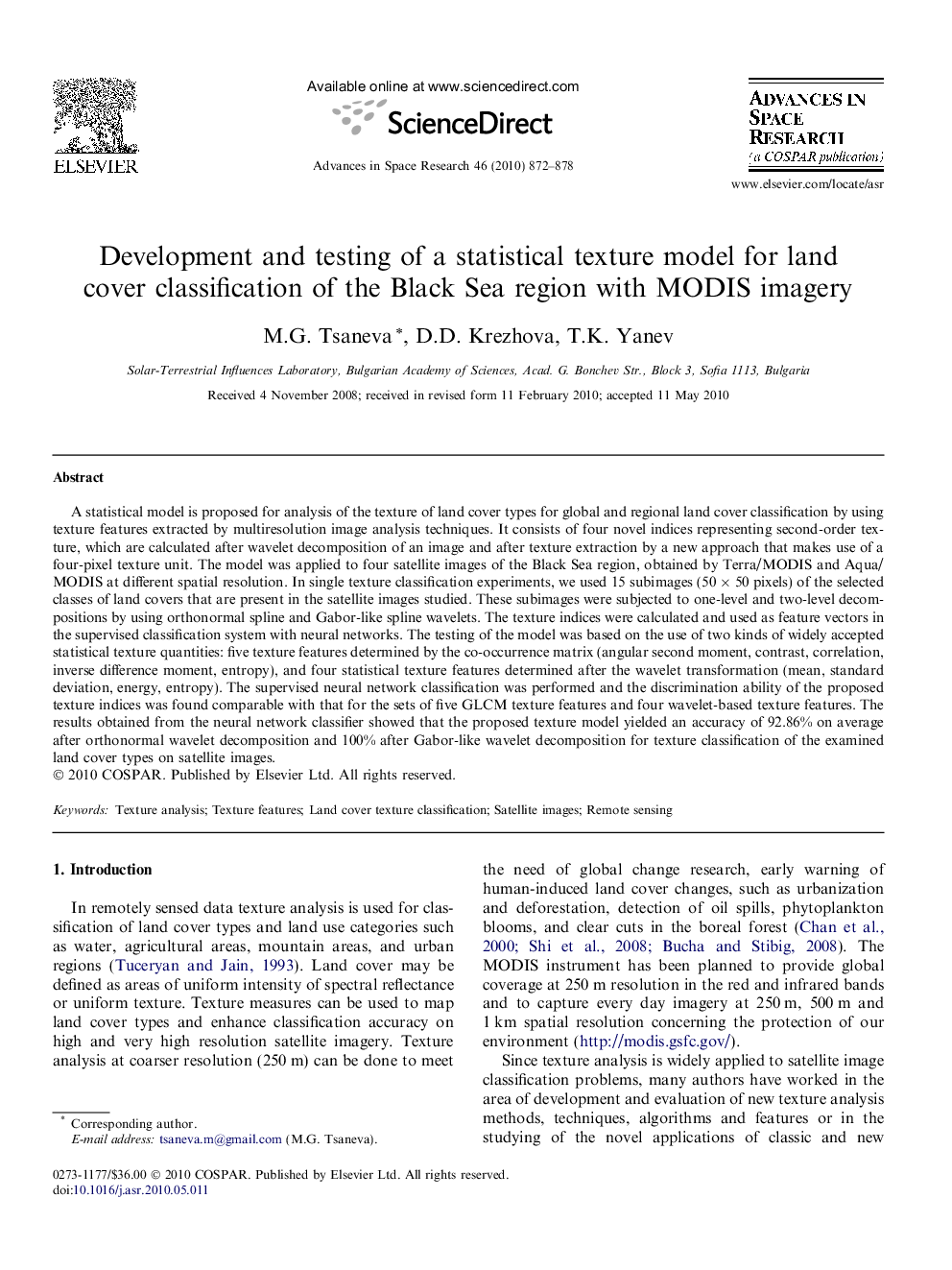 Development and testing of a statistical texture model for land cover classification of the Black Sea region with MODIS imagery