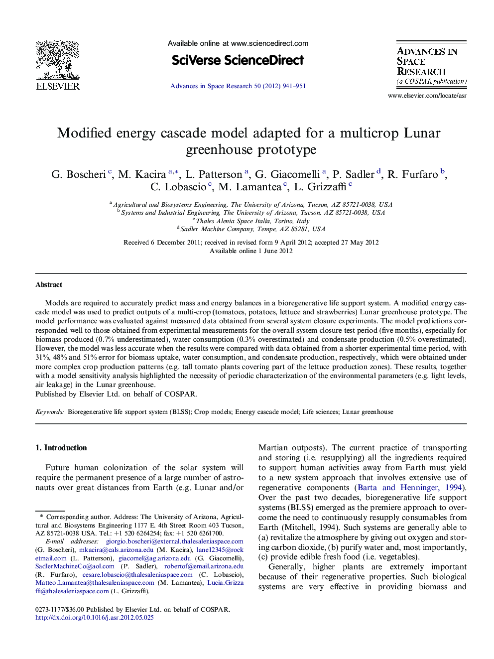 Modified energy cascade model adapted for a multicrop Lunar greenhouse prototype