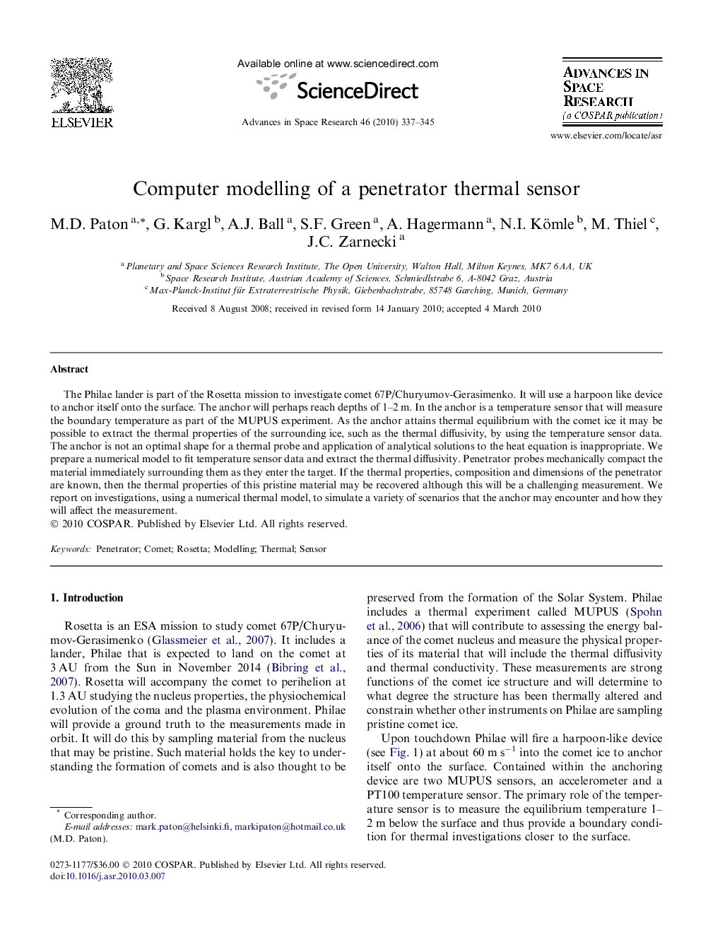 Computer modelling of a penetrator thermal sensor