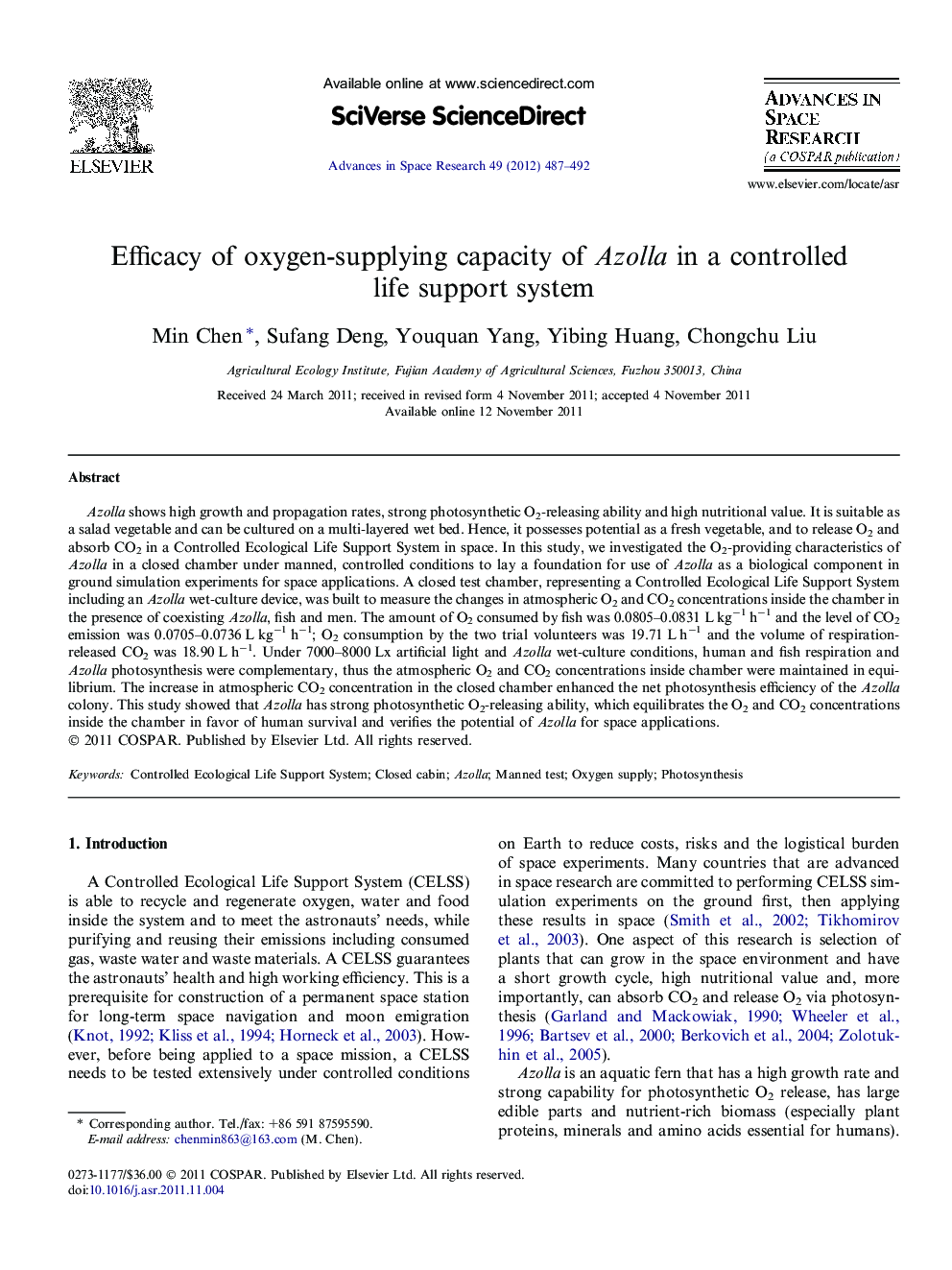 Efficacy of oxygen-supplying capacity of Azolla in a controlled life support system