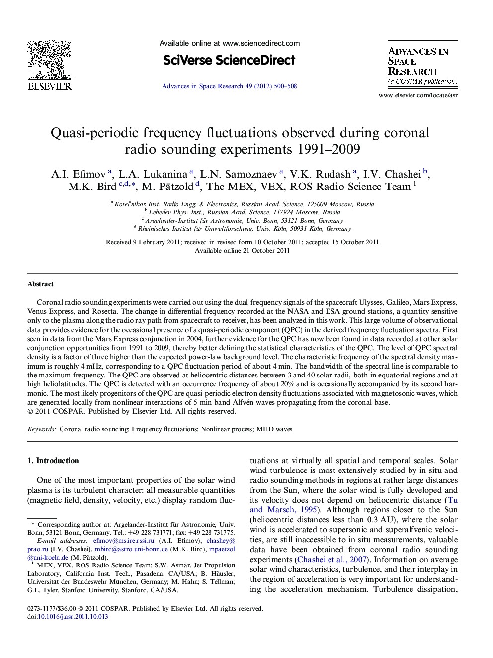 Quasi-periodic frequency fluctuations observed during coronal radio sounding experiments 1991-2009