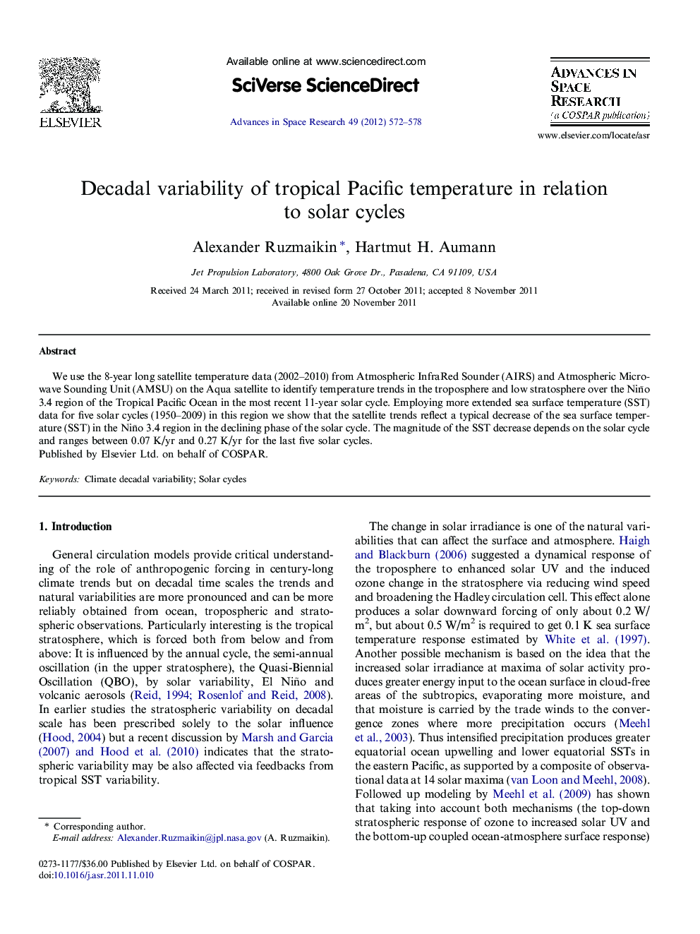 Decadal variability of tropical Pacific temperature in relation to solar cycles