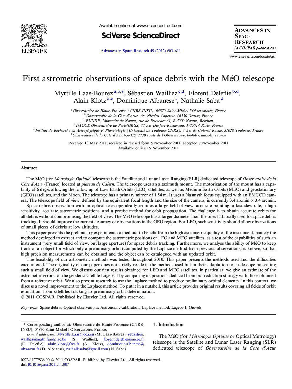 First astrometric observations of space debris with the MéO telescope