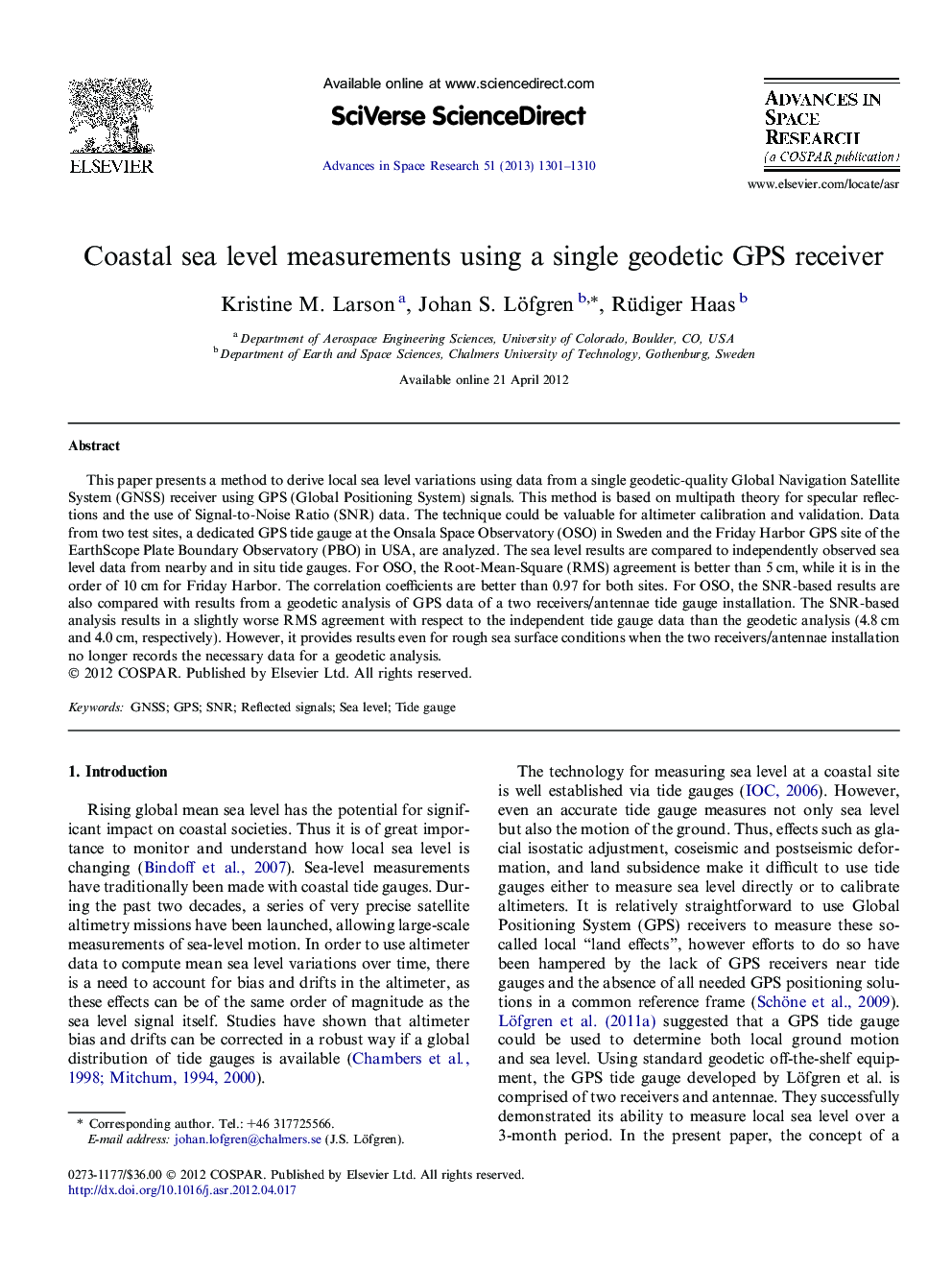 Coastal sea level measurements using a single geodetic GPS receiver