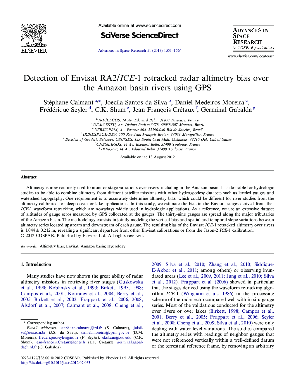 Detection of Envisat RA2/ICE-1 retracked radar altimetry bias over the Amazon basin rivers using GPS