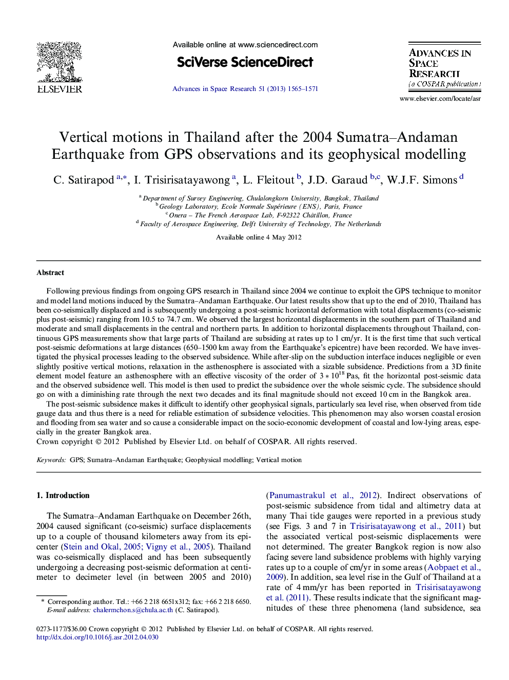 Vertical motions in Thailand after the 2004 Sumatra–Andaman Earthquake from GPS observations and its geophysical modelling