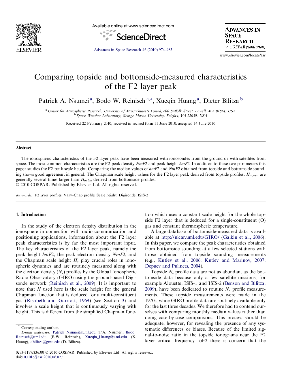 Comparing topside and bottomside-measured characteristics of the F2 layer peak