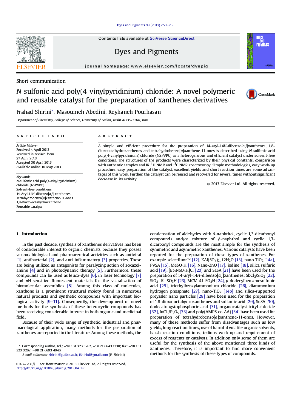 N-sulfonic acid poly(4-vinylpyridinium) chloride: A novel polymeric and reusable catalyst for the preparation of xanthenes derivatives