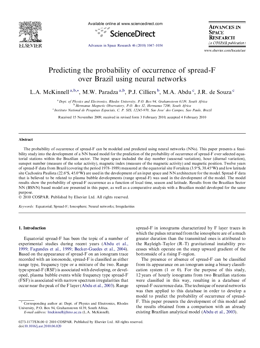 Predicting the probability of occurrence of spread-F over Brazil using neural networks