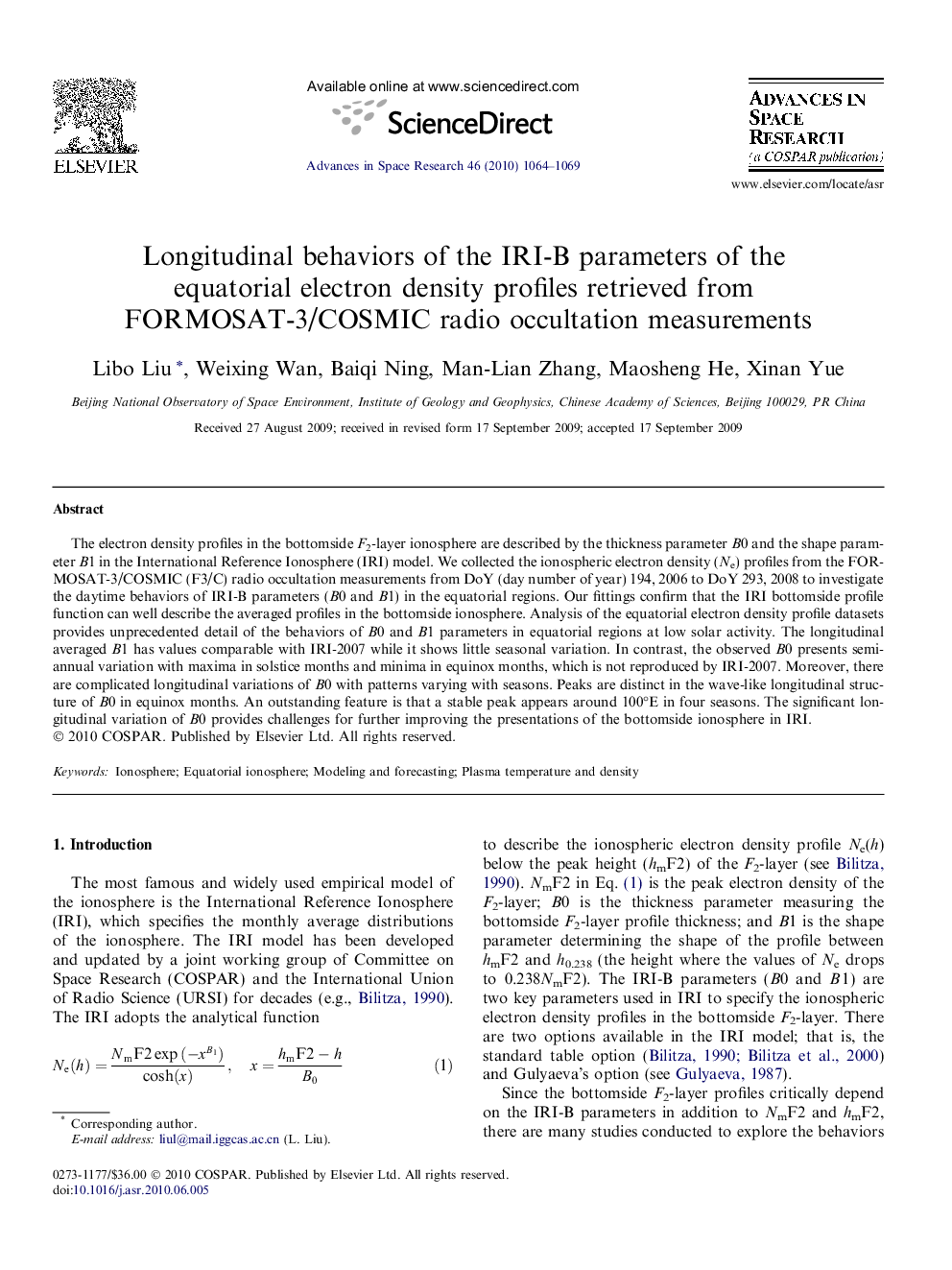 Longitudinal behaviors of the IRI-B parameters of the equatorial electron density profiles retrieved from FORMOSAT-3/COSMIC radio occultation measurements