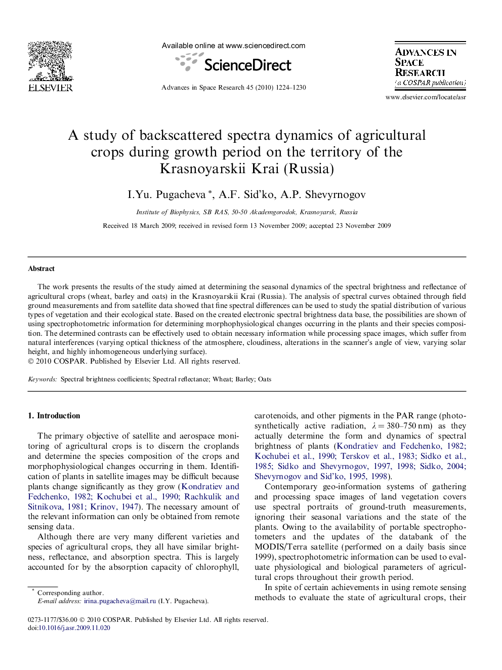 A study of backscattered spectra dynamics of agricultural crops during growth period on the territory of the Krasnoyarskii Krai (Russia)