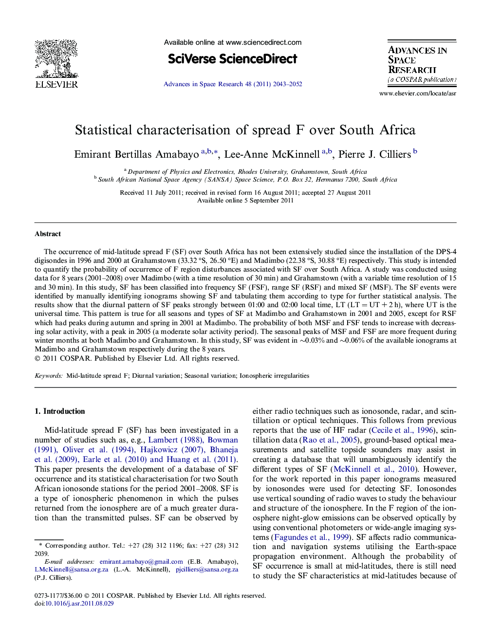 Statistical characterisation of spread F over South Africa