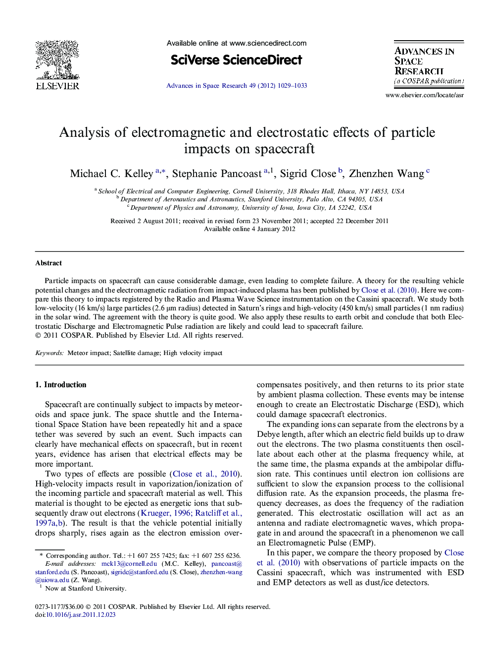 Analysis of electromagnetic and electrostatic effects of particle impacts on spacecraft