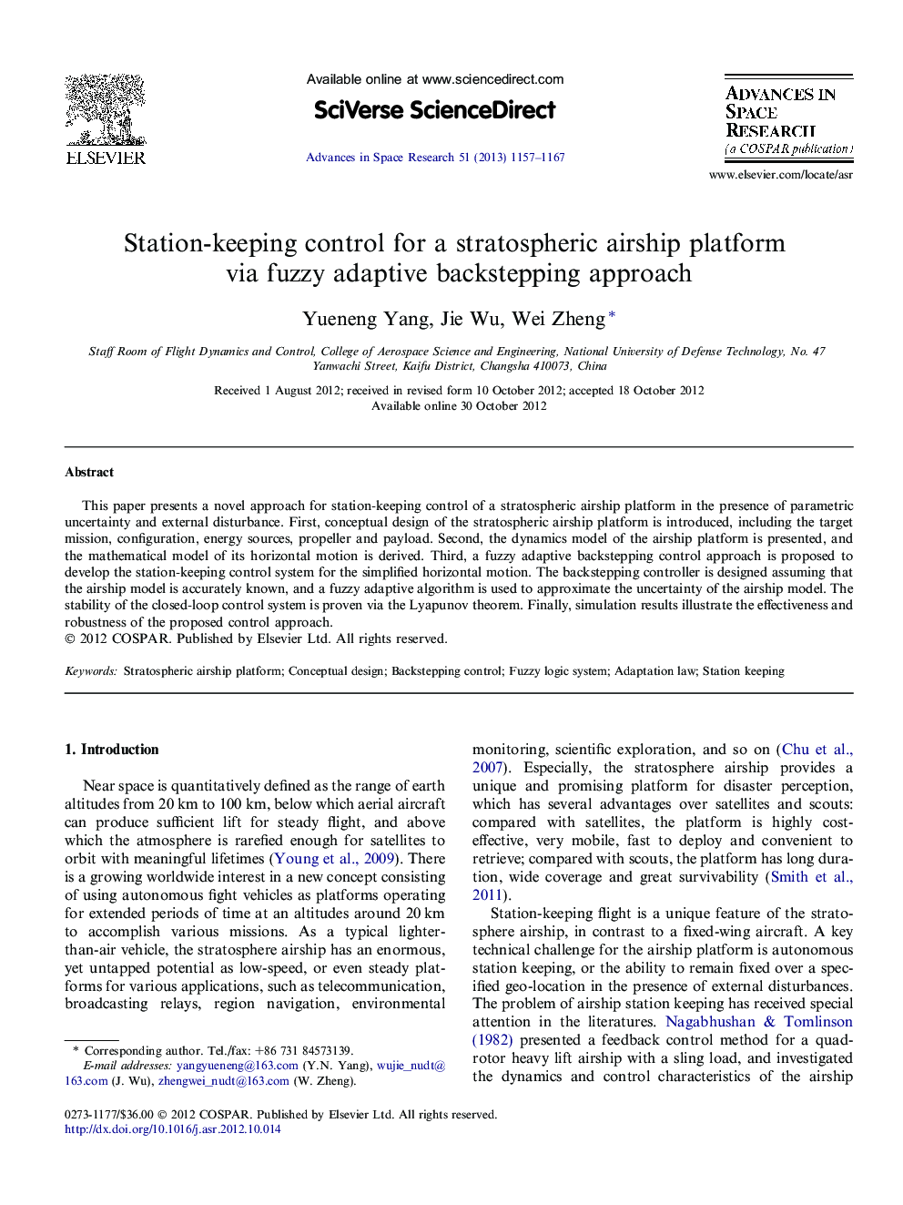 Station-keeping control for a stratospheric airship platform via fuzzy adaptive backstepping approach