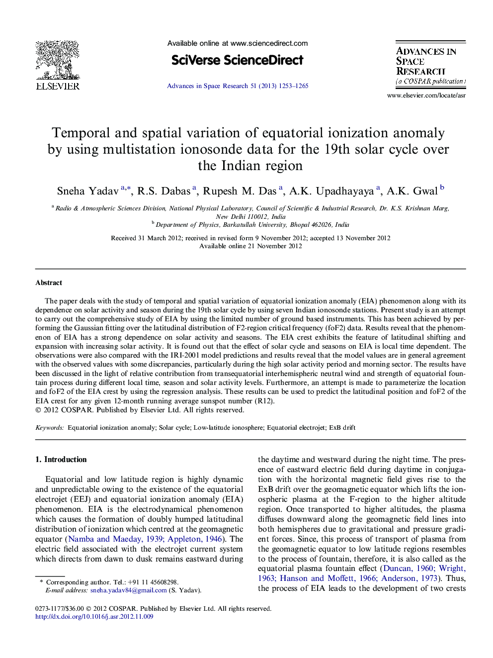 Temporal and spatial variation of equatorial ionization anomaly by using multistation ionosonde data for the 19th solar cycle over the Indian region