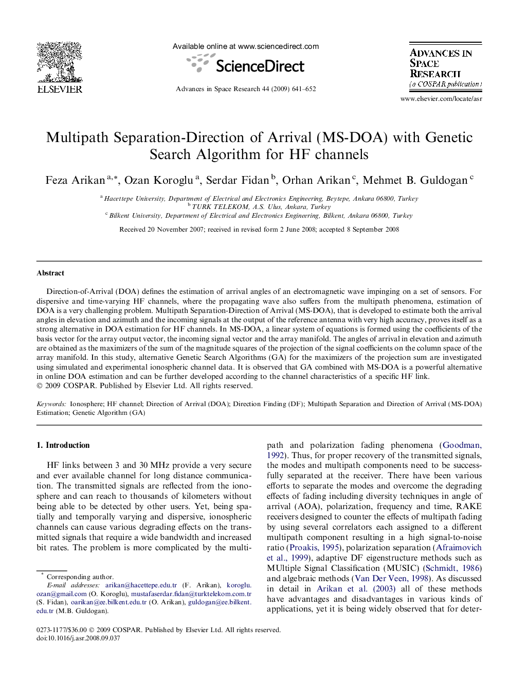 Multipath Separation-Direction of Arrival (MS-DOA) with Genetic Search Algorithm for HF channels