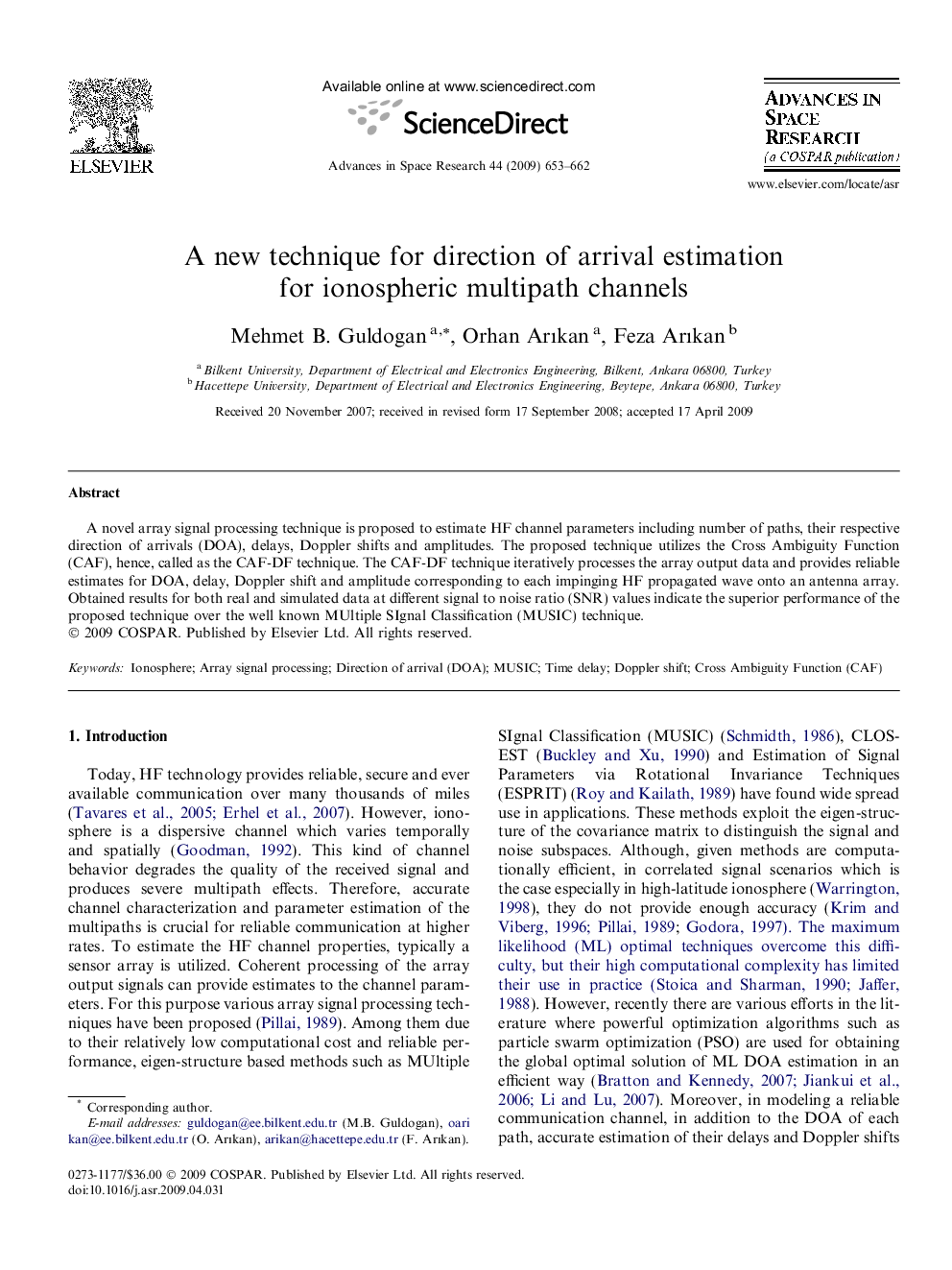 A new technique for direction of arrival estimation for ionospheric multipath channels