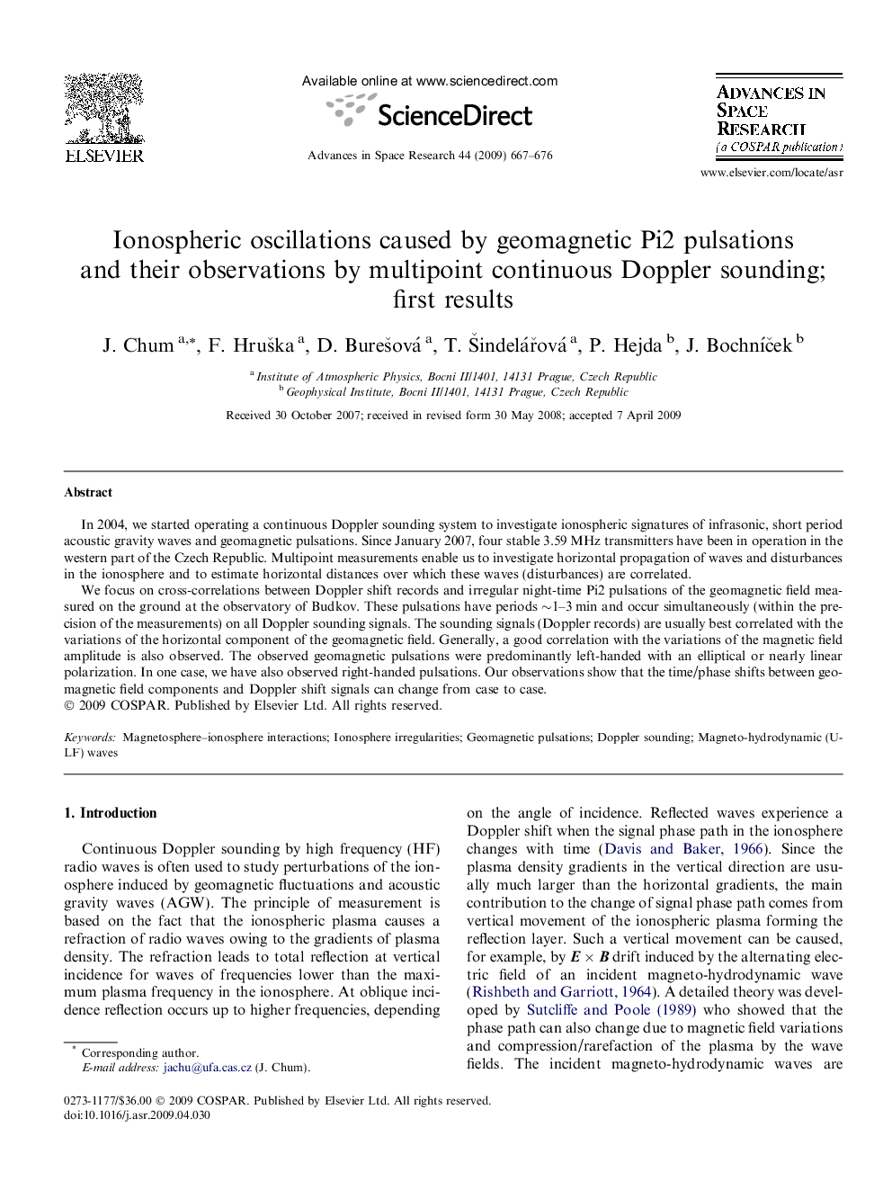 عکس صفحه اول مقاله: Ionospheric oscillations caused by geomagnetic Pi2 pulsations and their observations by multipoint continuous Doppler sounding; first results Ionospheric oscillations caused by geomagnetic Pi2 pulsations and their observations by multipoint continuous Doppler sounding; first results