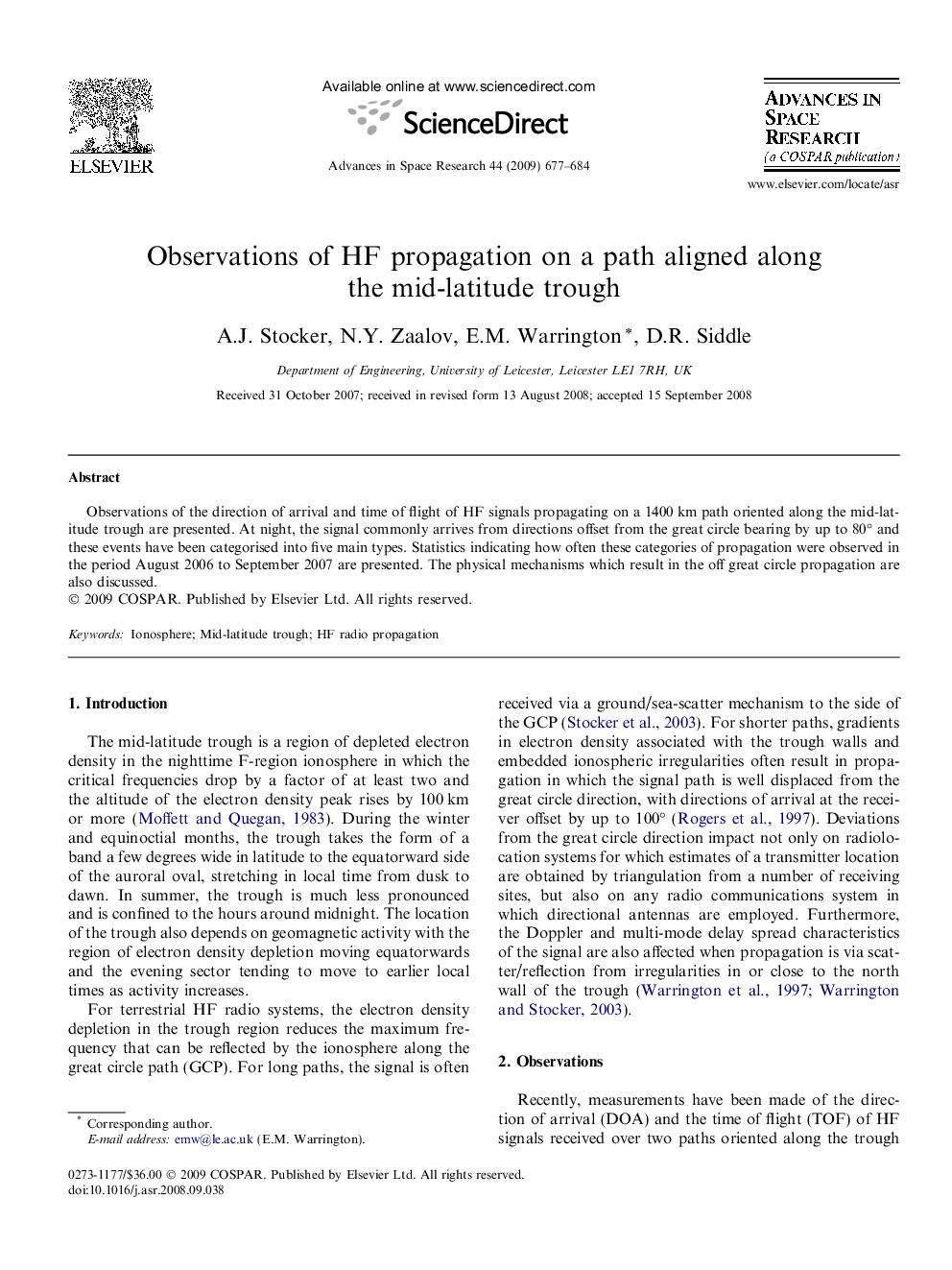 Observations of HF propagation on a path aligned along the mid-latitude trough