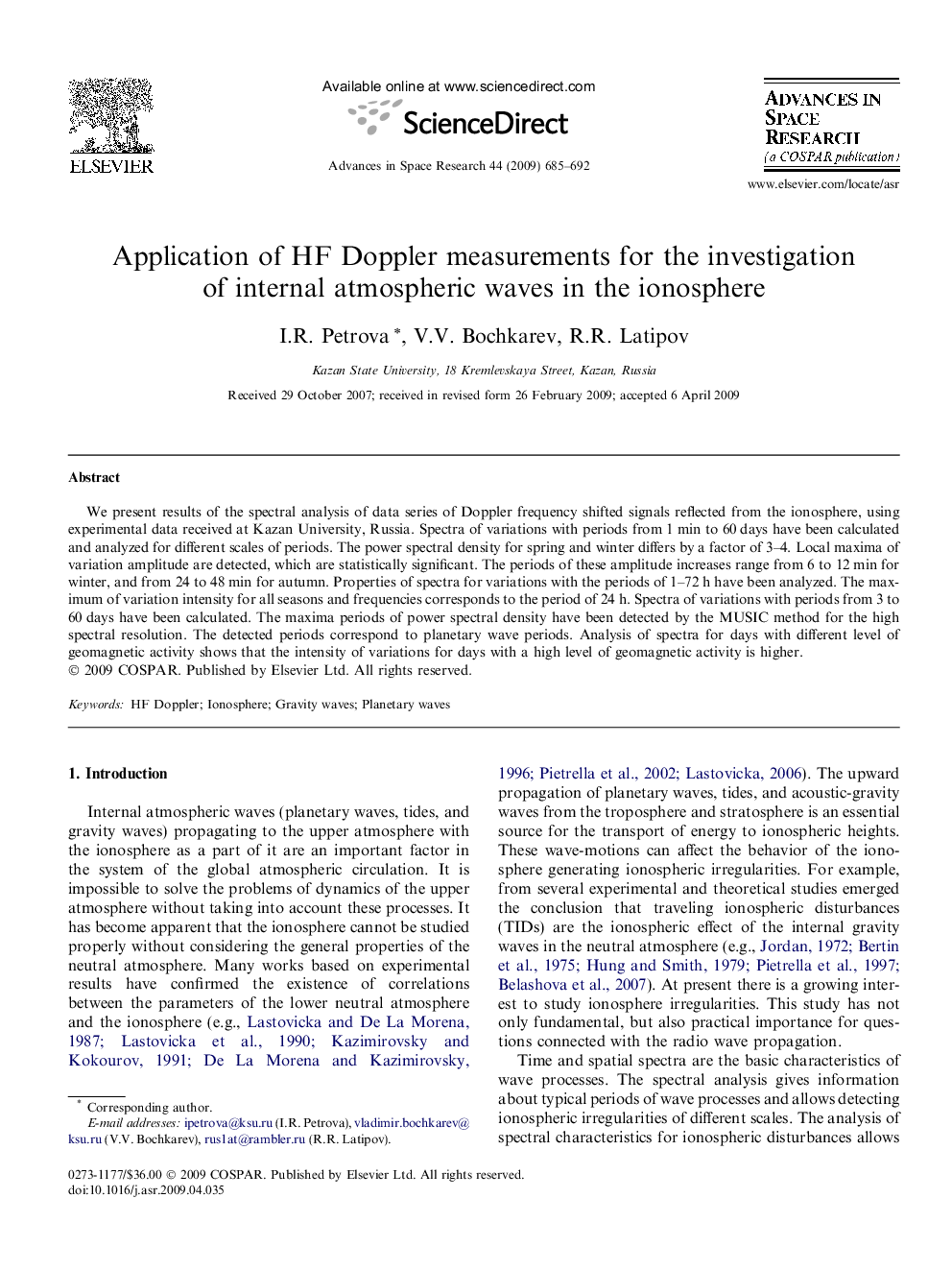 Application of HF Doppler measurements for the investigation of internal atmospheric waves in the ionosphere