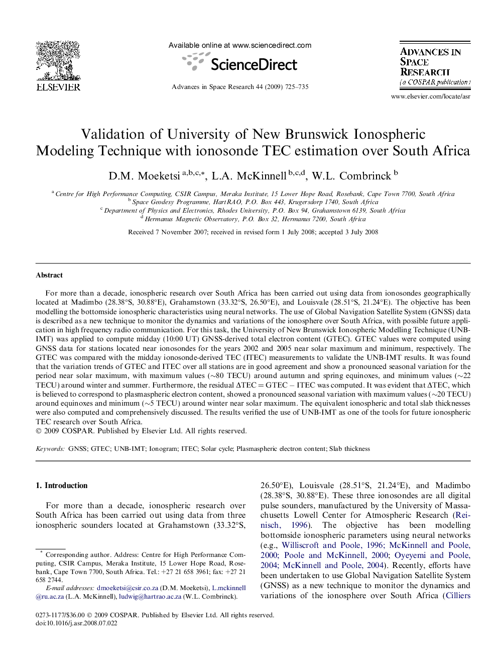 Validation of University of New Brunswick Ionospheric Modeling Technique with ionosonde TEC estimation over South Africa