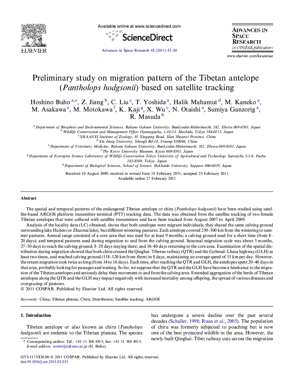 Preliminary study on migration pattern of the Tibetan antelope (Pantholops hodgsonii) based on satellite tracking