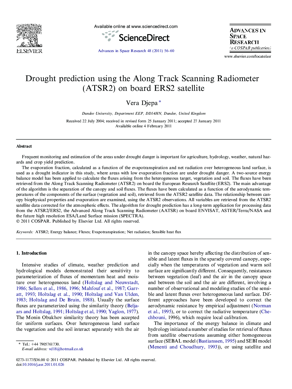 Drought prediction using the Along Track Scanning Radiometer (ATSR2) on board ERS2 satellite