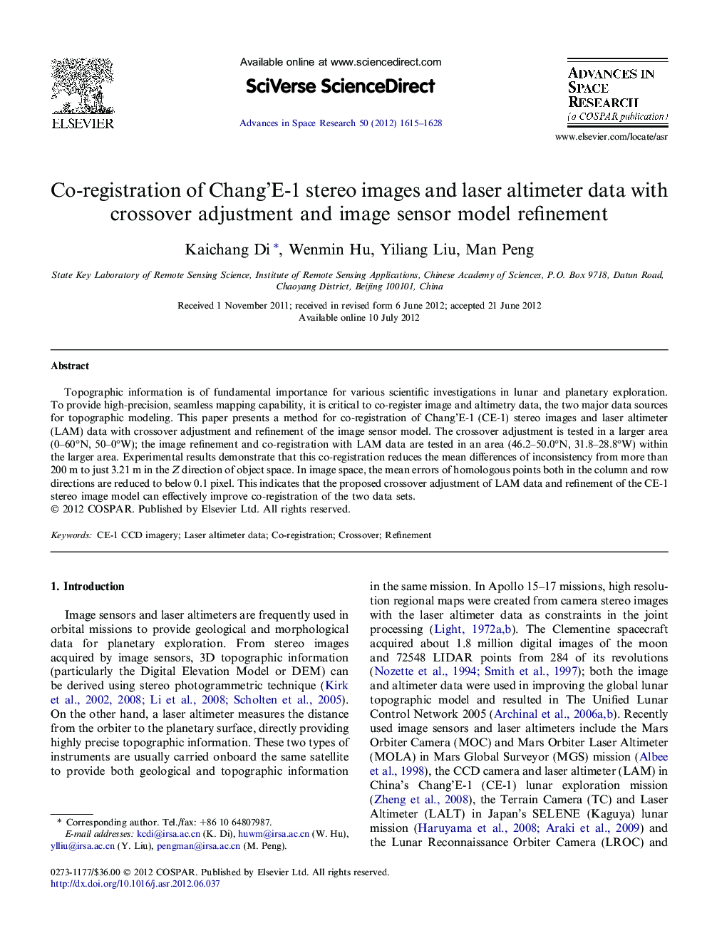 Co-registration of Chang’E-1 stereo images and laser altimeter data with crossover adjustment and image sensor model refinement