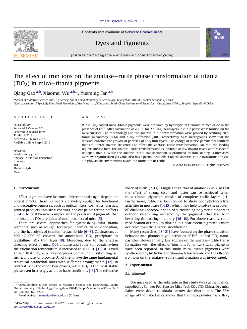 The effect of iron ions on the anatase–rutile phase transformation of titania (TiO2) in mica–titania pigments