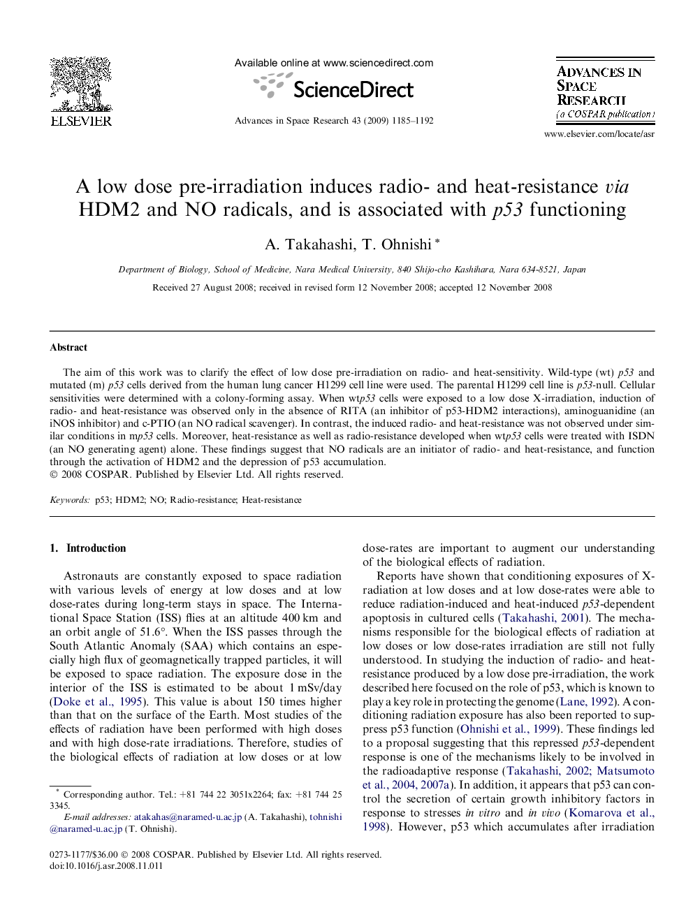 A low dose pre-irradiation induces radio- and heat-resistance via HDM2 and NO radicals, and is associated with p53 functioning