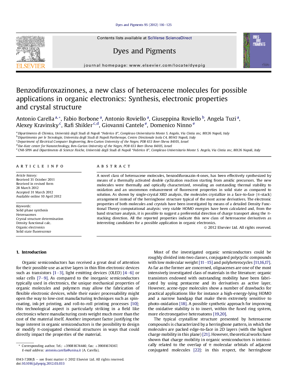 Benzodifuroxazinones, a new class of heteroacene molecules for possible applications in organic electronics: Synthesis, electronic properties and crystal structure