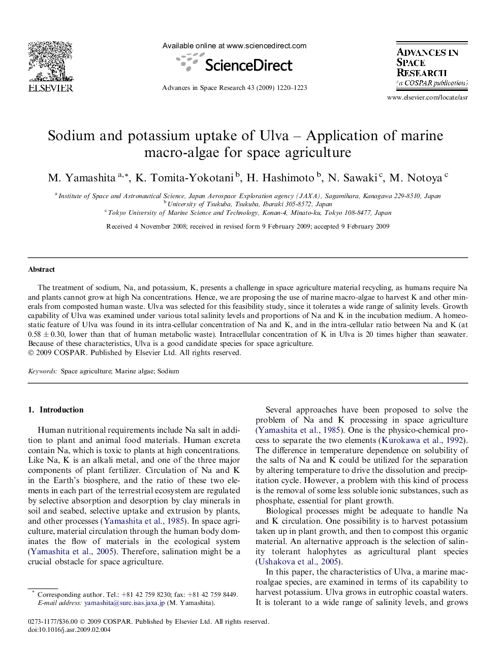 Sodium and potassium uptake of Ulva – Application of marine macro-algae for space agriculture