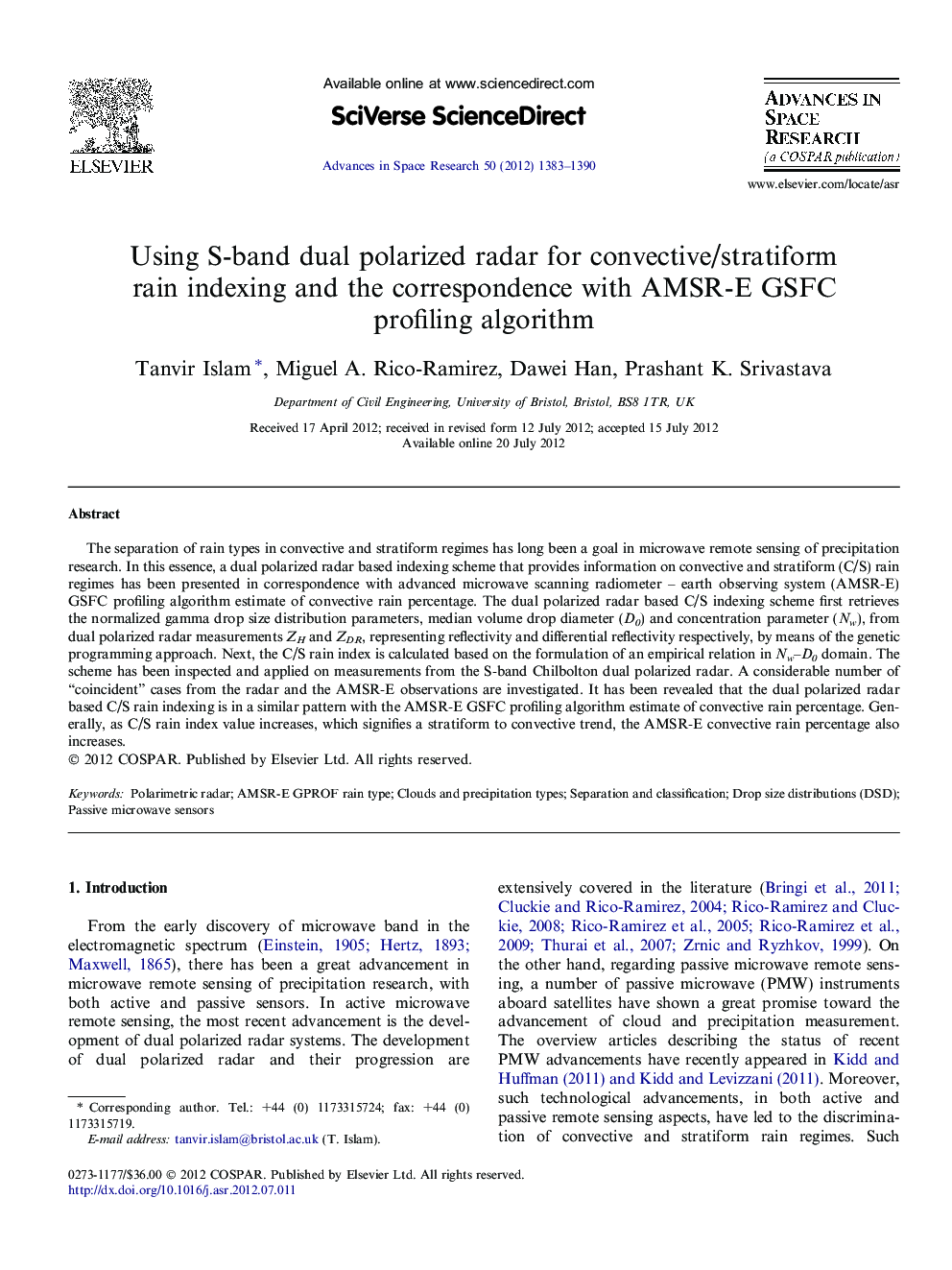 Using S-band dual polarized radar for convective/stratiform rain indexing and the correspondence with AMSR-E GSFC profiling algorithm