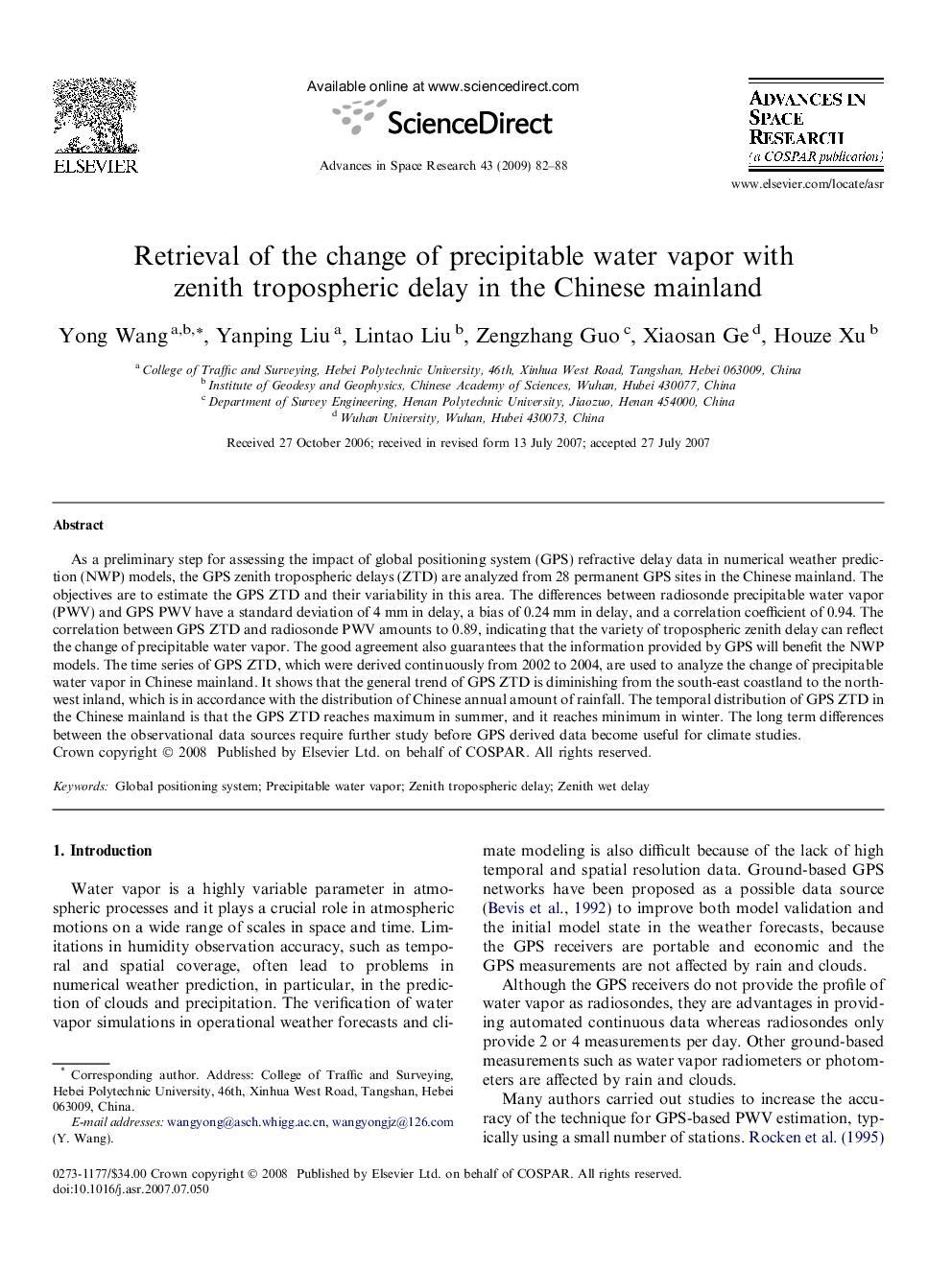 Retrieval of the change of precipitable water vapor with zenith tropospheric delay in the Chinese mainland