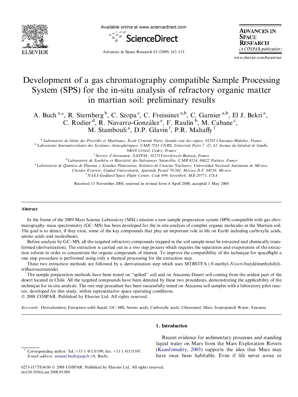 Development of a gas chromatography compatible Sample Processing System (SPS) for the in-situ analysis of refractory organic matter in martian soil: preliminary results