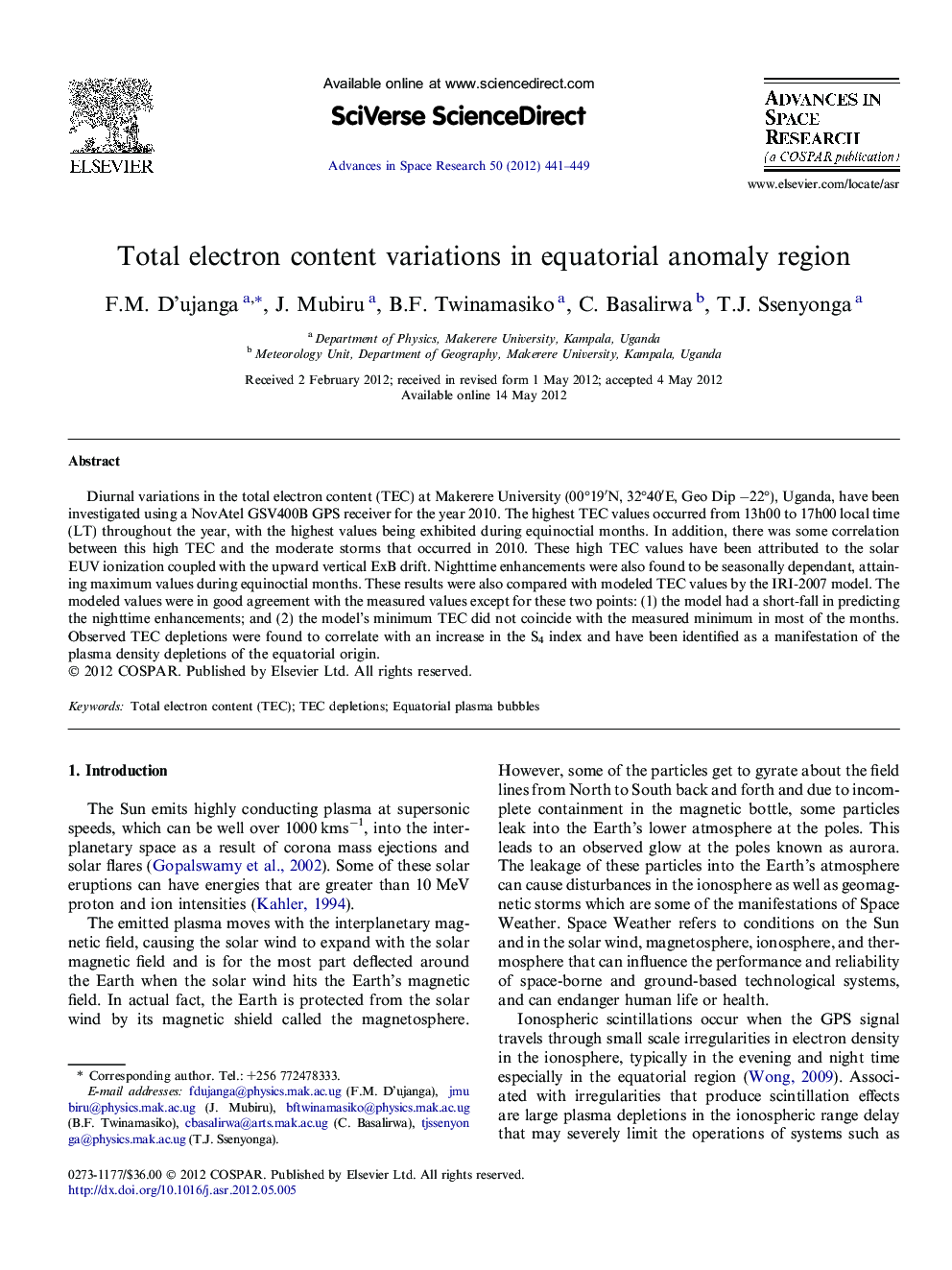 Total electron content variations in equatorial anomaly region