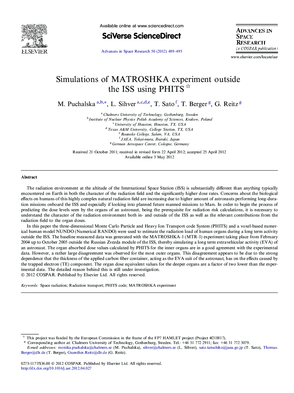 Simulations of MATROSHKA experiment outside the ISS using PHITS